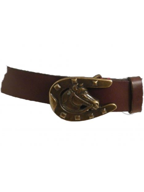 ceinturon cuir marron tête de cheval doré